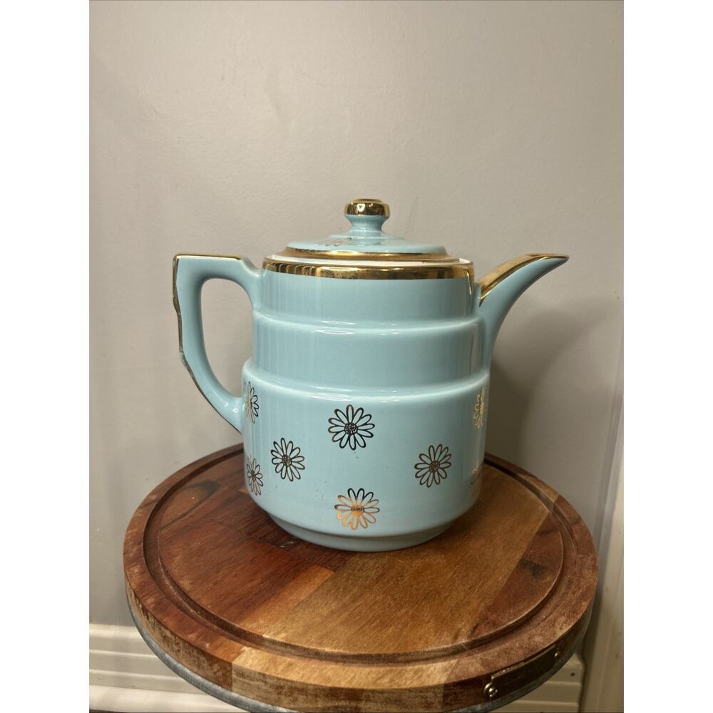 Vintage Hall Superior Quality Kitchenware Blue Coffee Teapot w/ Gold Flowers USA